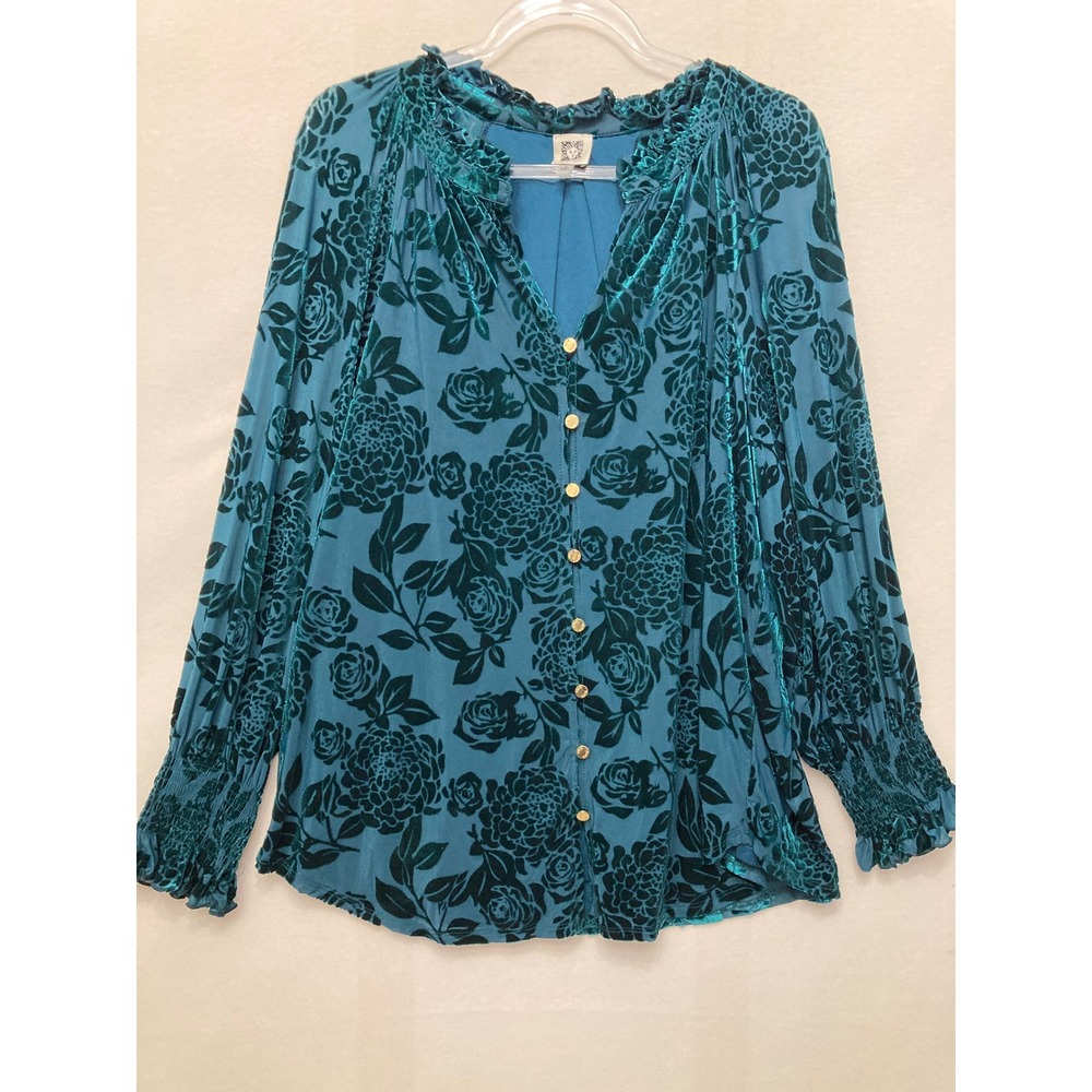 Anne Klein Blouse 1X Teal Burnout Velvet Floral Ruffle Smocked Long Sleeve Top